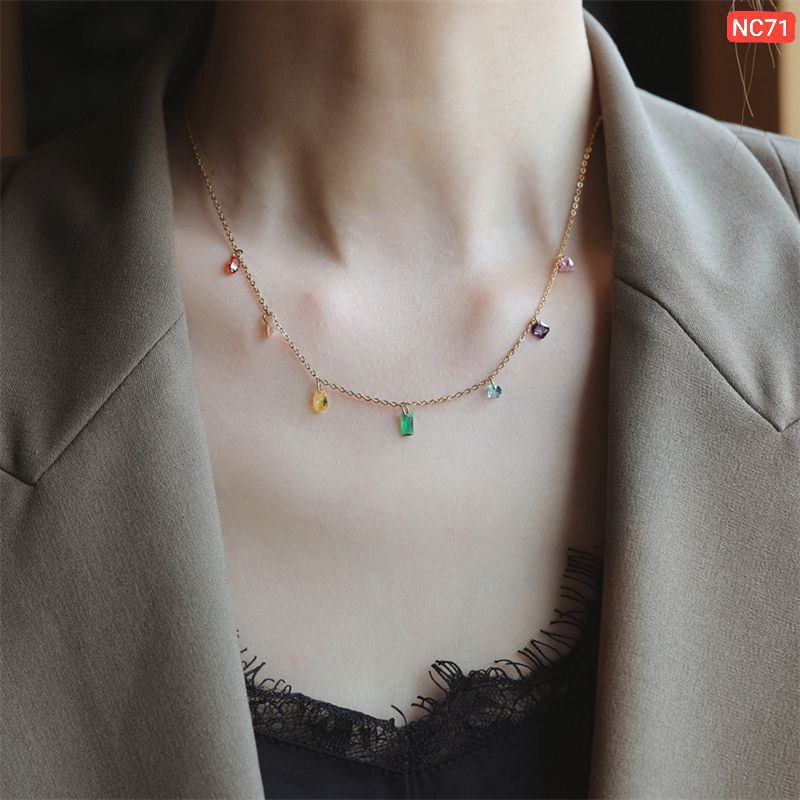 Multi Color Hanging Stone Necklace (18k Gold Plated)