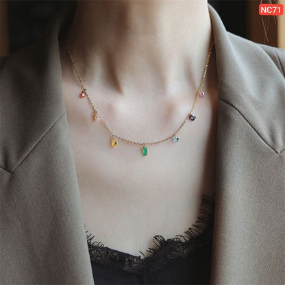 Multi Color Hanging Stone Necklace (18k Gold Plated)