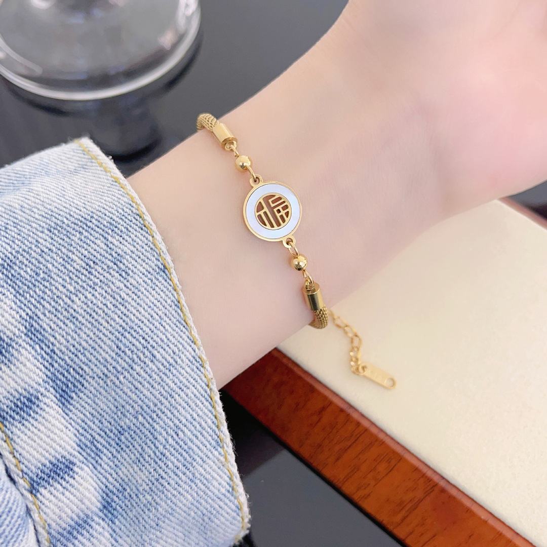New Chinese style Fu character gold wire woven and plated 18k gold titanium stell non fading bracelet (18k Gold Plated)