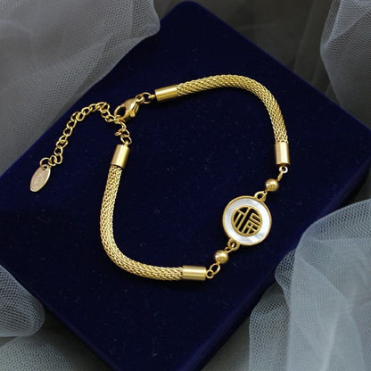 New Chinese style Fu character gold wire woven and plated 18k gold titanium stell non fading bracelet (18k Gold Plated)