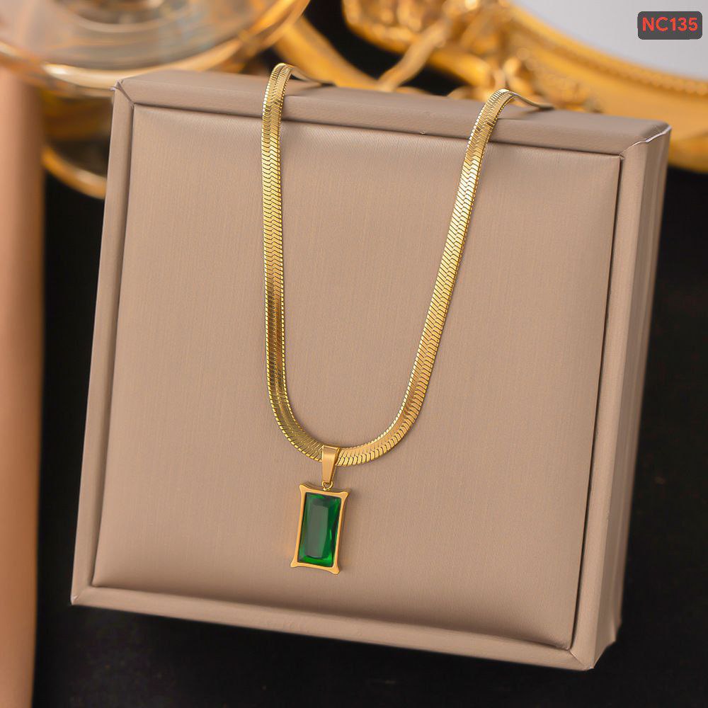 Green Rectangular Snake Chain Necklace (18k Gold Plated)