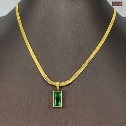 Green Rectangular Snake Chain Necklace (18k Gold Plated)